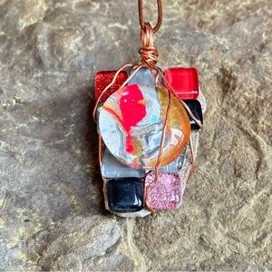 Collage pendant unique OOAK handmade Colorful Wire-Wrapped